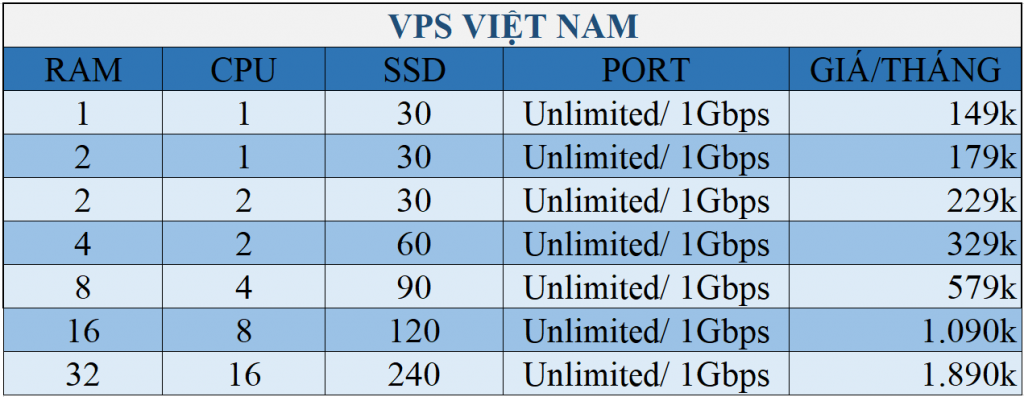 Các gói VPS Việt Nam theo tháng