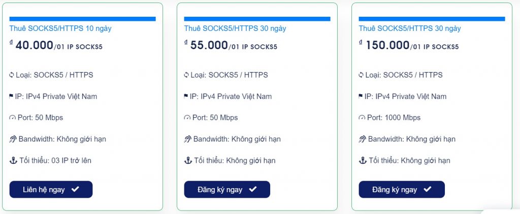 Bảng giá SOCKS5 Việt Nam
