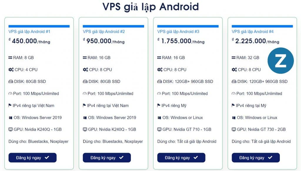 Giá VPS treo giả lập Android như Bluestacks; Noxplayer; LDplayer