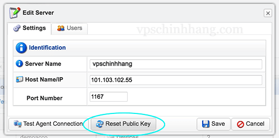 Chọn Reset Public key trên Edit Server