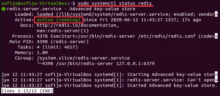 Đầu ra của lệnh kiểm tra cài đặt Redis trên Ubuntu