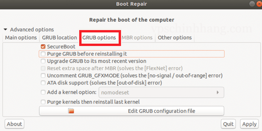Lựa chọn tùy chọn sửa lỗi trong tab GRUB options