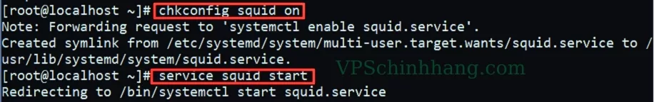 Lệnh cấu hình để Squid tự động chạy mỗi khi Server restart thành công & Khởi động Squid.