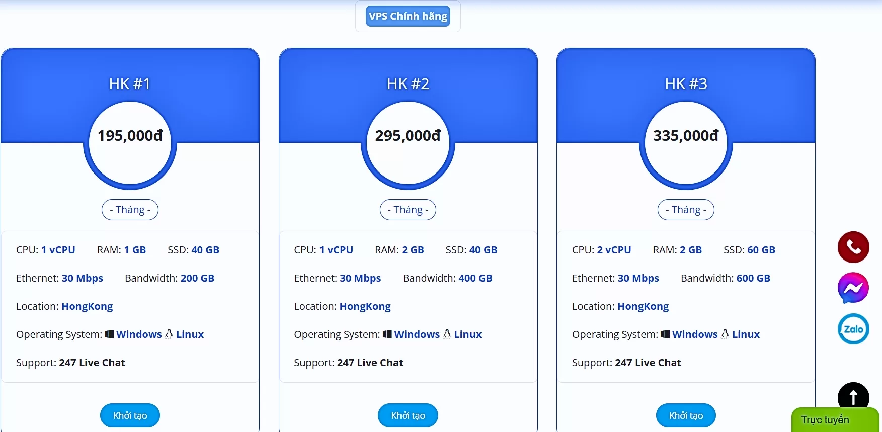 Bảng giá VPS Hongkong tại VPS Chính Hãng