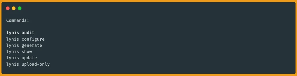 Kết quả của lệnh 'lynis show commands', liệt kê các lệnh chính như audit, show, và update để người dùng khám phá.