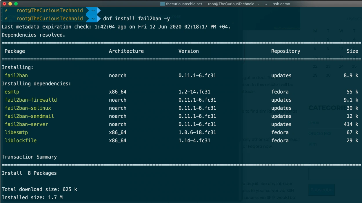 Quá trình cài đặt Fail2Ban trên CentOS bằng lệnh dnf install, hiển thị các gói phụ thuộc được cài đặt.
