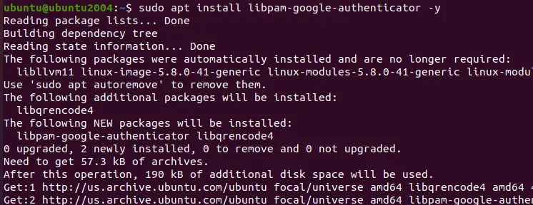 Kết quả trên terminal sau khi chạy lệnh sudo apt install libpam-google-authenticator thành công.