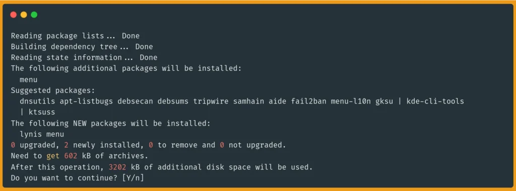 Ảnh chụp màn hình quá trình cài đặt công cụ kiểm toán bảo mật Lynis trên Ubuntu bằng lệnh sudo apt install.