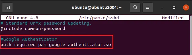 Thêm dòng auth required pam_google_authenticator.so vào đầu file /etc/pam.d/sshd để yêu cầu xác thực 2FA.