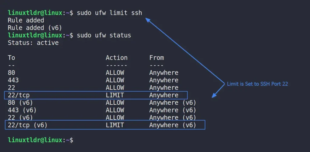 Áp dụng lệnh 'sudo ufw limit ssh' để giới hạn số lượng kết nối SSH, giúp chống lại tấn công brute-force.