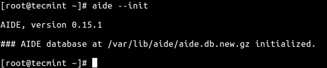 Kết quả dòng lệnh sau khi chạy 'aide --init' để khởi tạo database AIDE trên CentOS/RHEL, hiển thị file aide.db.new.gz đã được tạo.