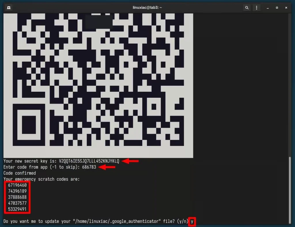 Chạy lệnh google-authenticator để tạo mã QR, khóa bí mật và mã dự phòng. Hãy đảm bảo lưu lại cẩn thận các thông tin được đánh dấu.