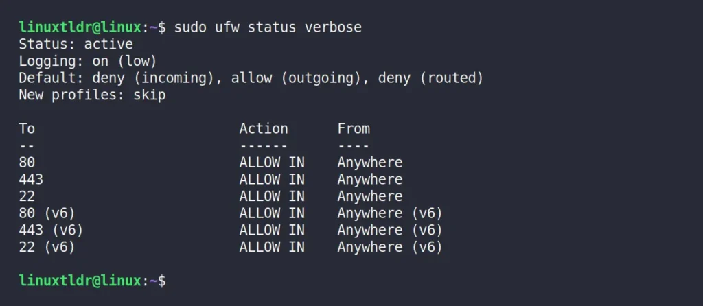 Kết quả của lệnh 'sudo ufw status verbose' liệt kê các quy tắc đang hoạt động cho cổng 80, 443 và 22.