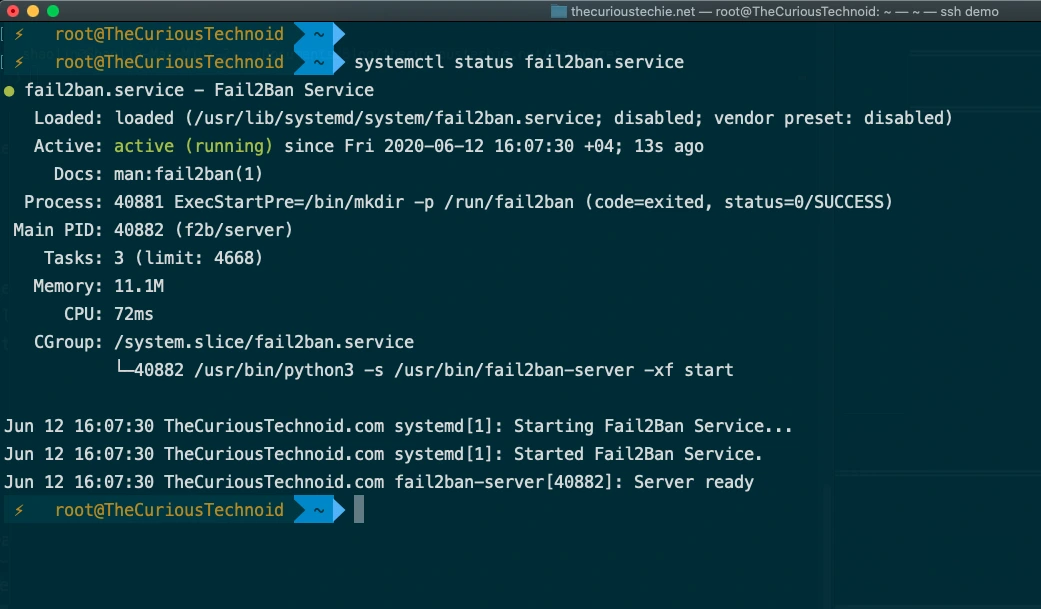 Kiểm tra trạng thái dịch vụ Fail2Ban bằng lệnh systemctl status, cho thấy dịch vụ đang ở trạng thái 'active (running)'.