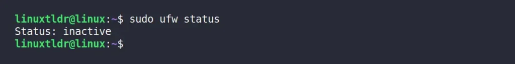 Giao diện dòng lệnh hiển thị kết quả 'Status: inactive' sau khi chạy lệnh 'sudo ufw status' trên Ubuntu.