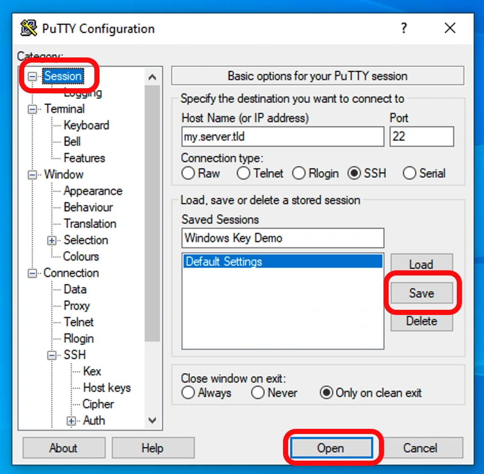 Nhấn nút Save để lưu lại toàn bộ cấu hình session và nút Open để bắt đầu kết nối SSH trong PuTTY.