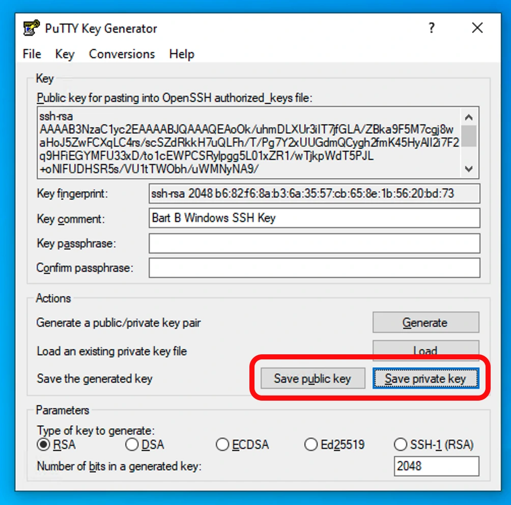 Giao diện PuTTYgen với hai nút Save public key và Save private key được chọn để lưu cặp khóa SSH.