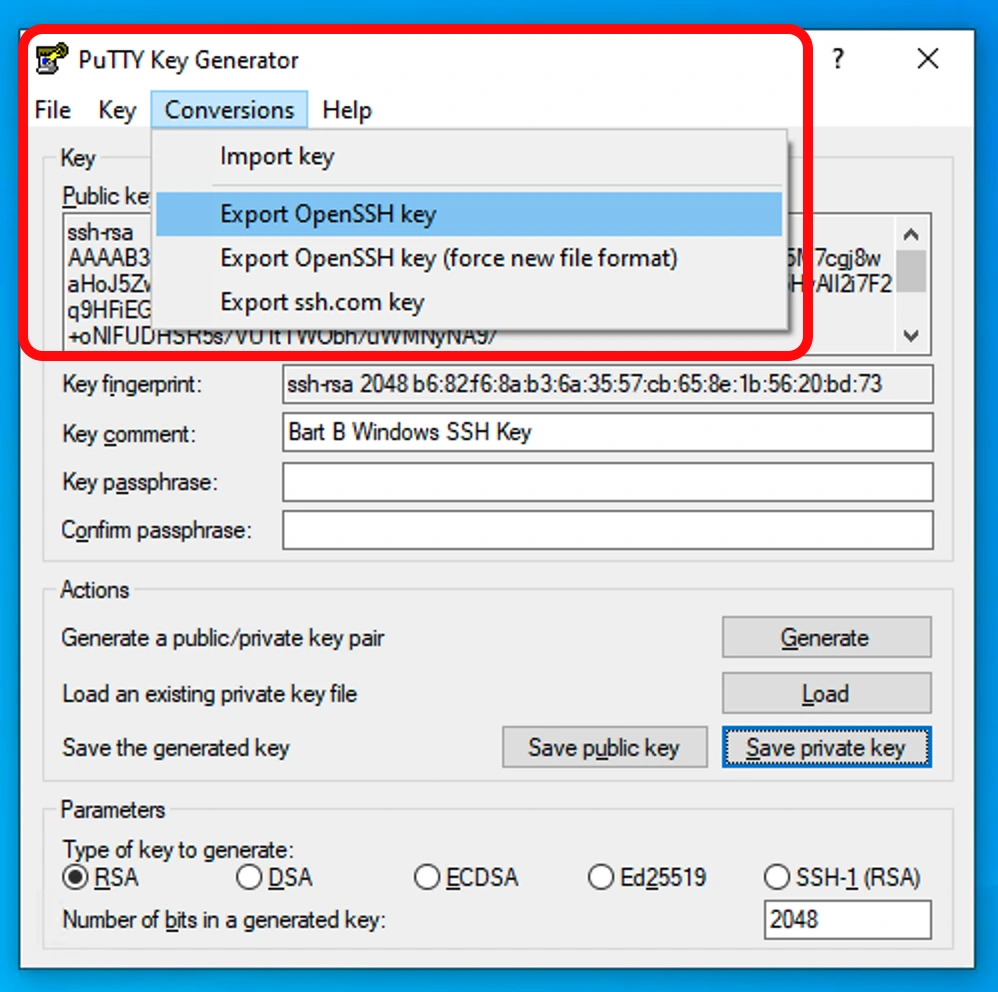 Sử dụng menu Conversions trong PuTTYgen để Export SSH key sang định dạng OpenSSH.