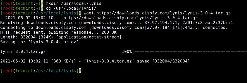 Sử dụng lệnh wget để tải về mã nguồn của công cụ Lynis từ trang chủ chính thức của nhà phát triển CISOfy.