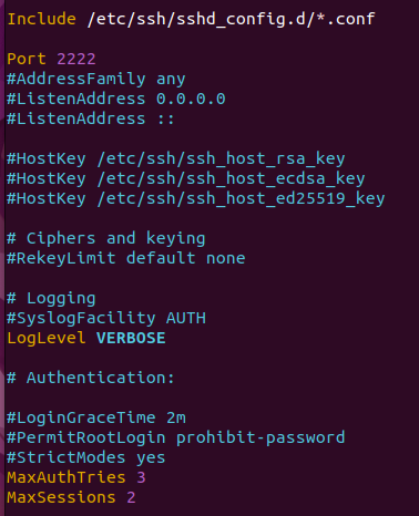 File cấu hình sshd_config đã được chỉnh sửa với các giá trị an toàn hơn như MaxAuthTries 3 và LogLevel VERBOSE.