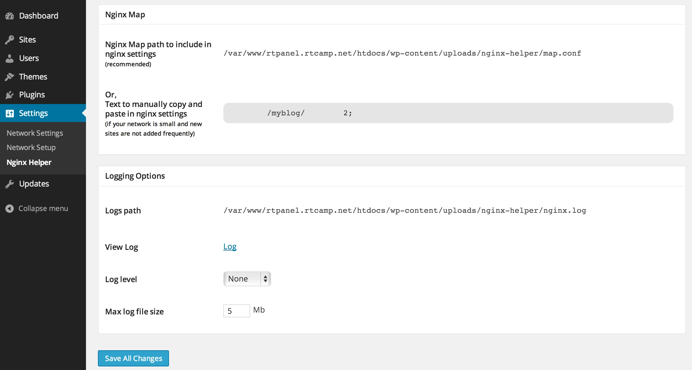 Các tùy chọn nâng cao trong Nginx Helper, bao gồm đường dẫn Nginx Map (dành cho WordPress Multisite) và cài đặt chi tiết cho tính năng ghi log.