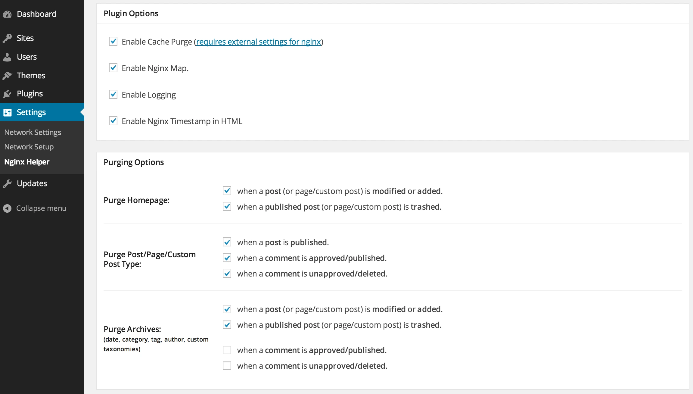 Giao diện cấu hình chính của Nginx Helper. Hãy đảm bảo bạn đã bật 'Enable Cache Purge' và các tùy chọn trong 'Purging Options' phù hợp với nhu cầu của website.