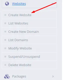 Menu tạo website trên CyberPanel