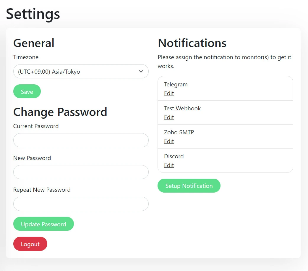 Dễ dàng kích hoạt các kênh cảnh báo như Telegram, Discord, Email hoặc Webhook trong phần cài đặt.