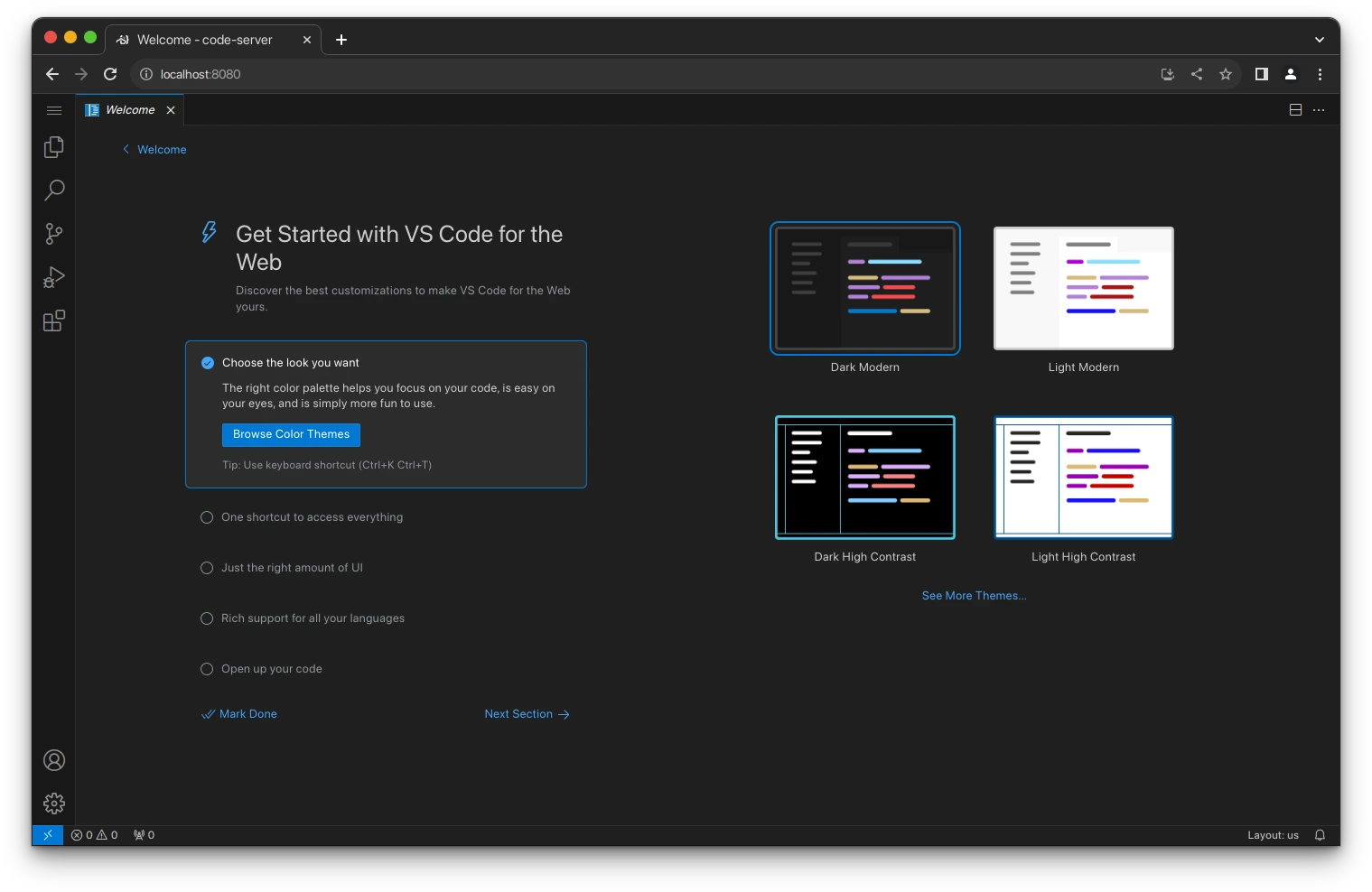 Giao diện VS Code Server hoạt động mượt mà trên trình duyệt web, kết nối trực tiếp với VPS.