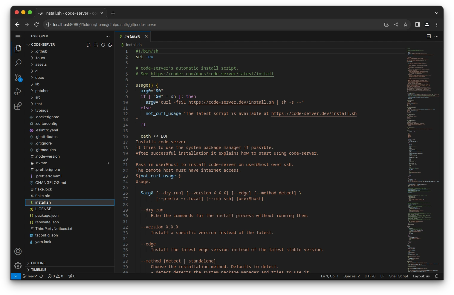 Kiểm tra cấu trúc file và script cài đặt tự động của code-server trên môi trường Linux.