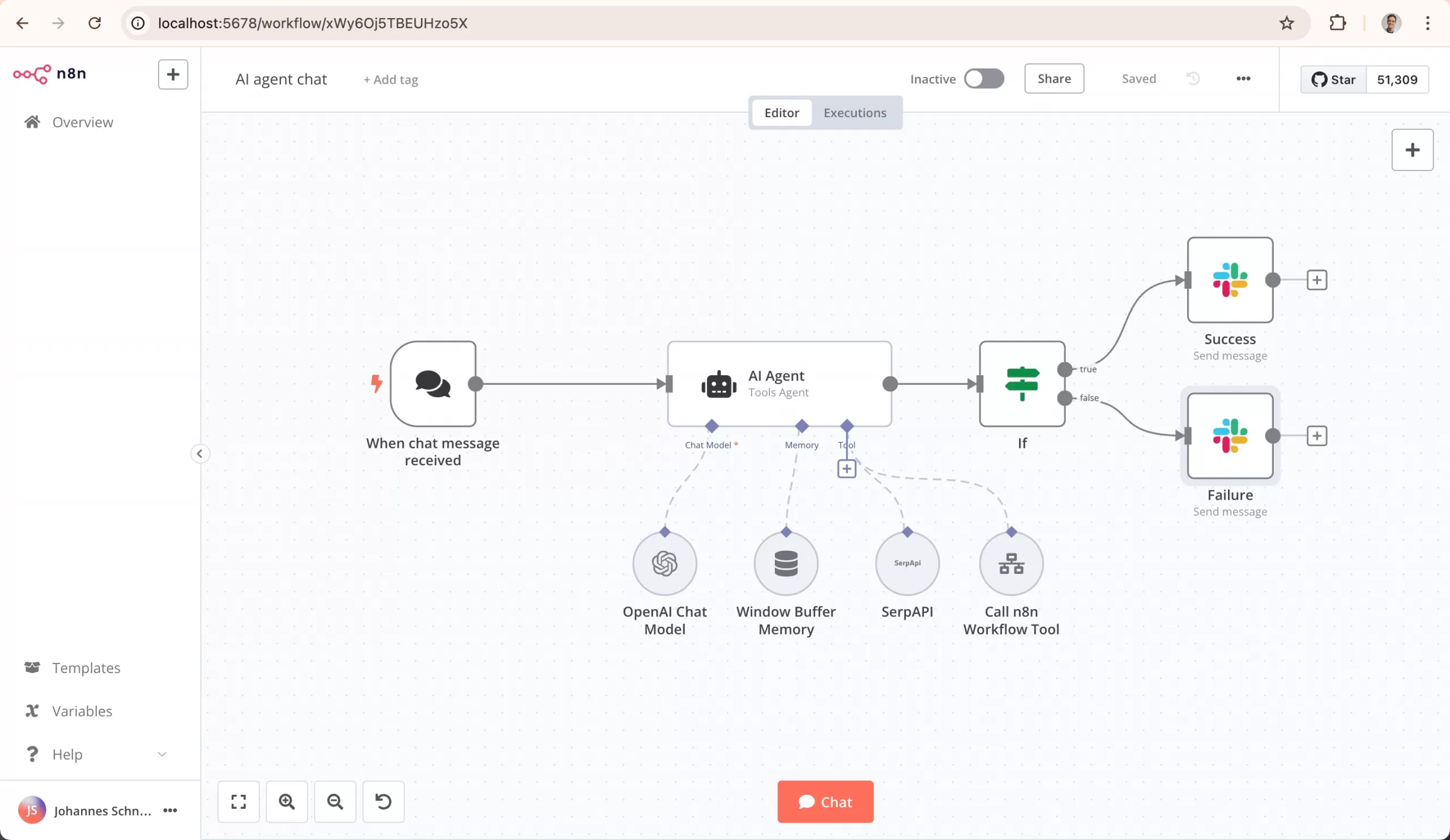 Giao diện thiết kế workflow kéo thả trên n8n tích hợp AI Agent và rẽ nhánh điều kiện.