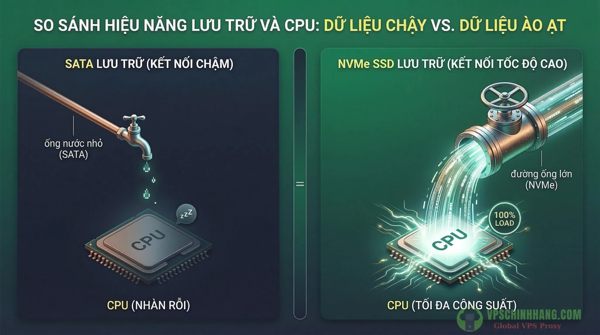 Biểu đồ mô phỏng nút thắt cổ chai I/O wait giữa CPU và ổ cứng SSD SATA so với giao thức NVMe.