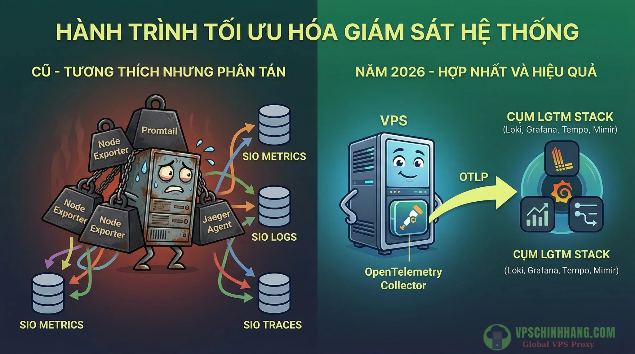 So sánh mô hình giám sát VPS truyền thống nhiều agent với mô hình OpenTelemetry hợp nhất năm 2026.