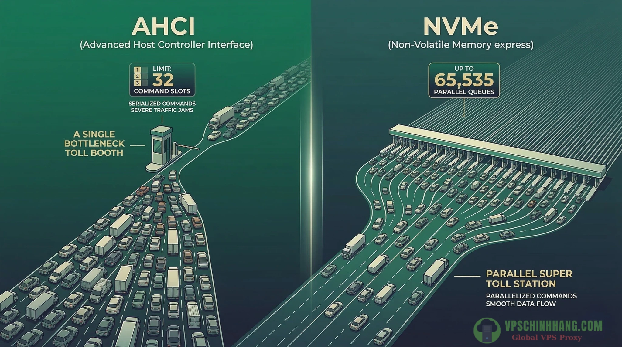 So sánh kiến trúc 1 hàng đợi của AHCI và cơ chế đa hàng đợi 65535 I/O Queues của chuẩn NVMe.