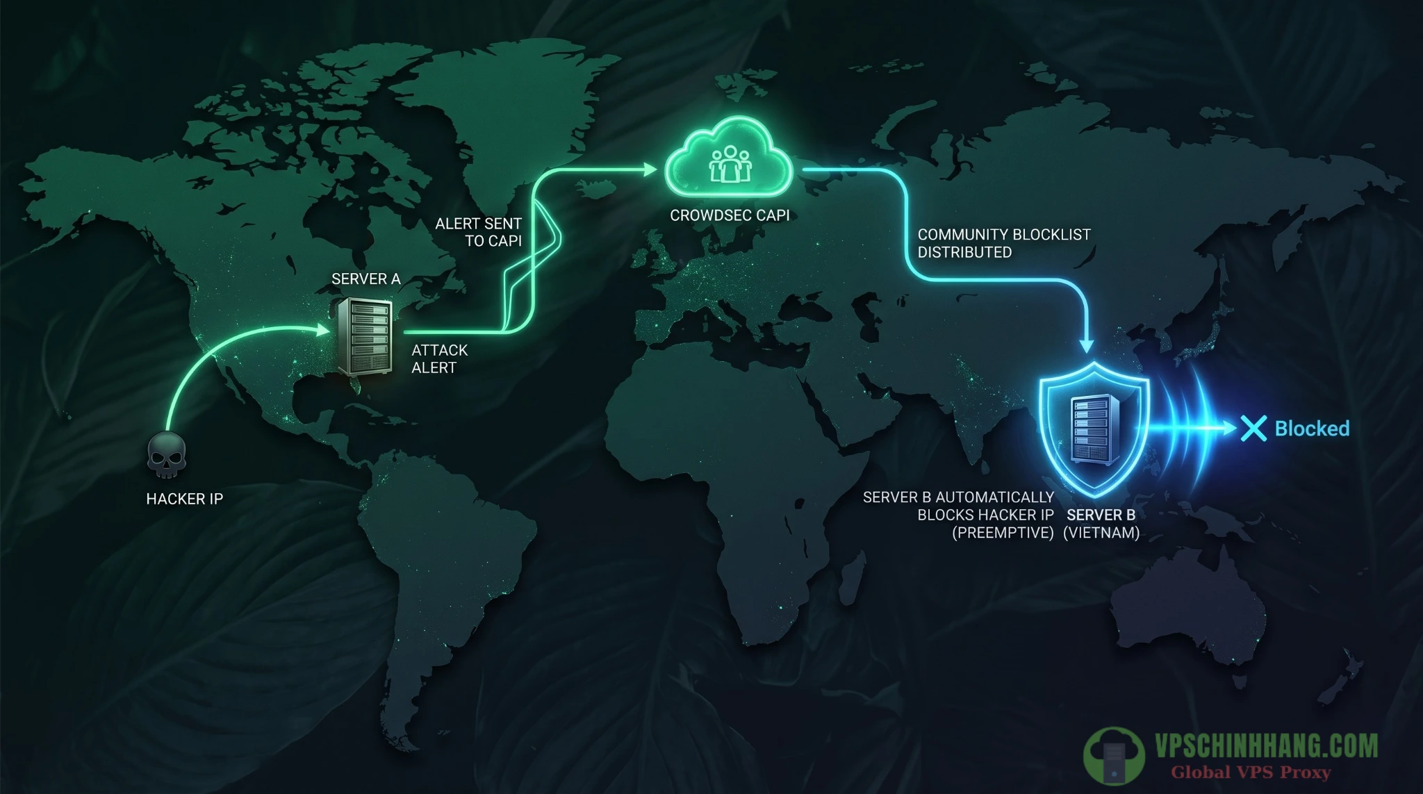 Sơ đồ minh họa cơ chế hoạt động của CrowdSec chia sẻ Threat Intelligence cộng đồng để bảo vệ máy chủ chủ động
