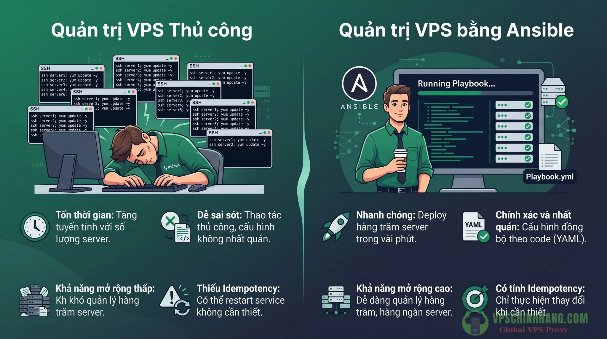 Bảng so sánh quản trị VPS thủ công và quản trị tự động bằng Ansible