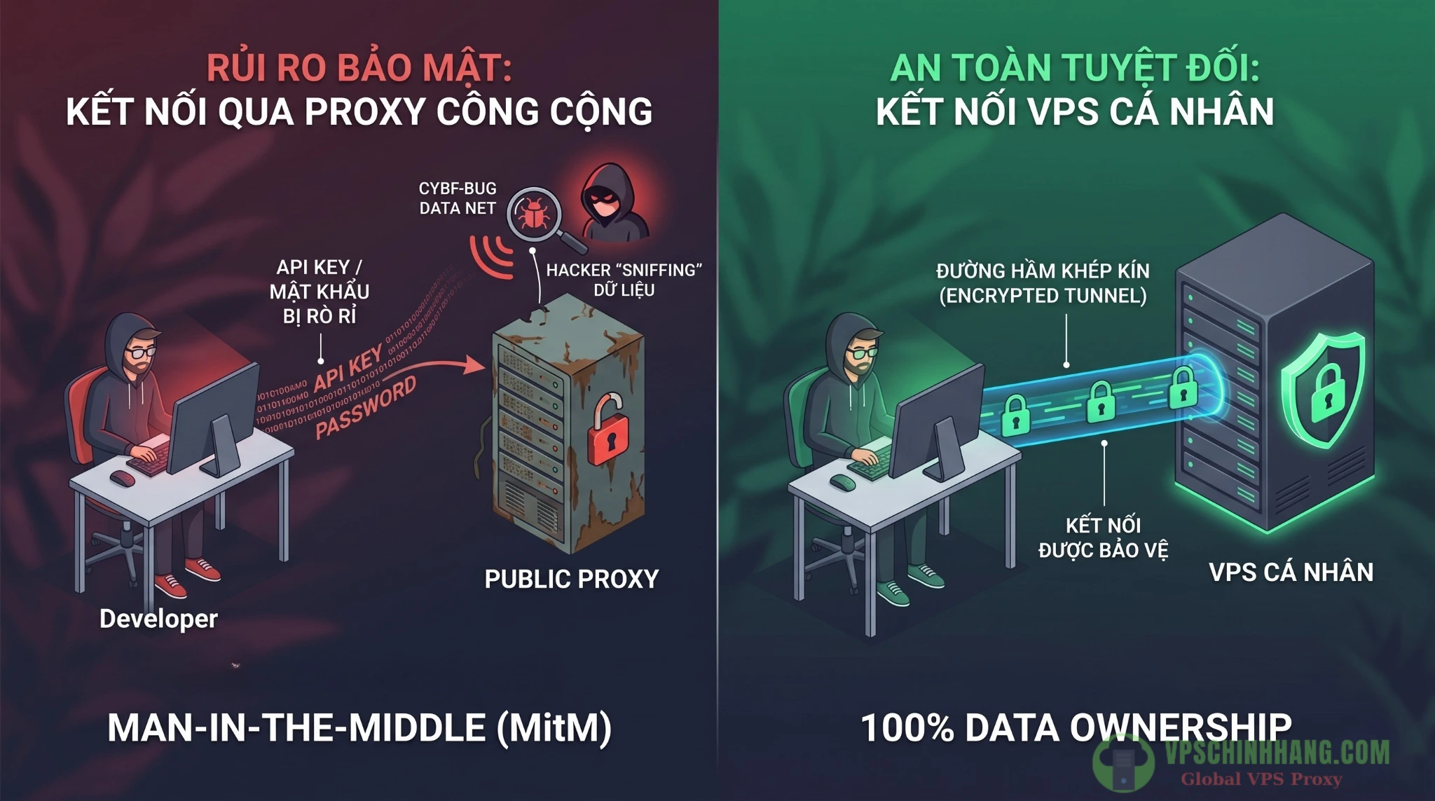 So sánh rủi ro bảo mật dữ liệu khi sử dụng public proxy trôi nổi và giải pháp an toàn tuyệt đối với private proxy SOCKS5 trên VPS.