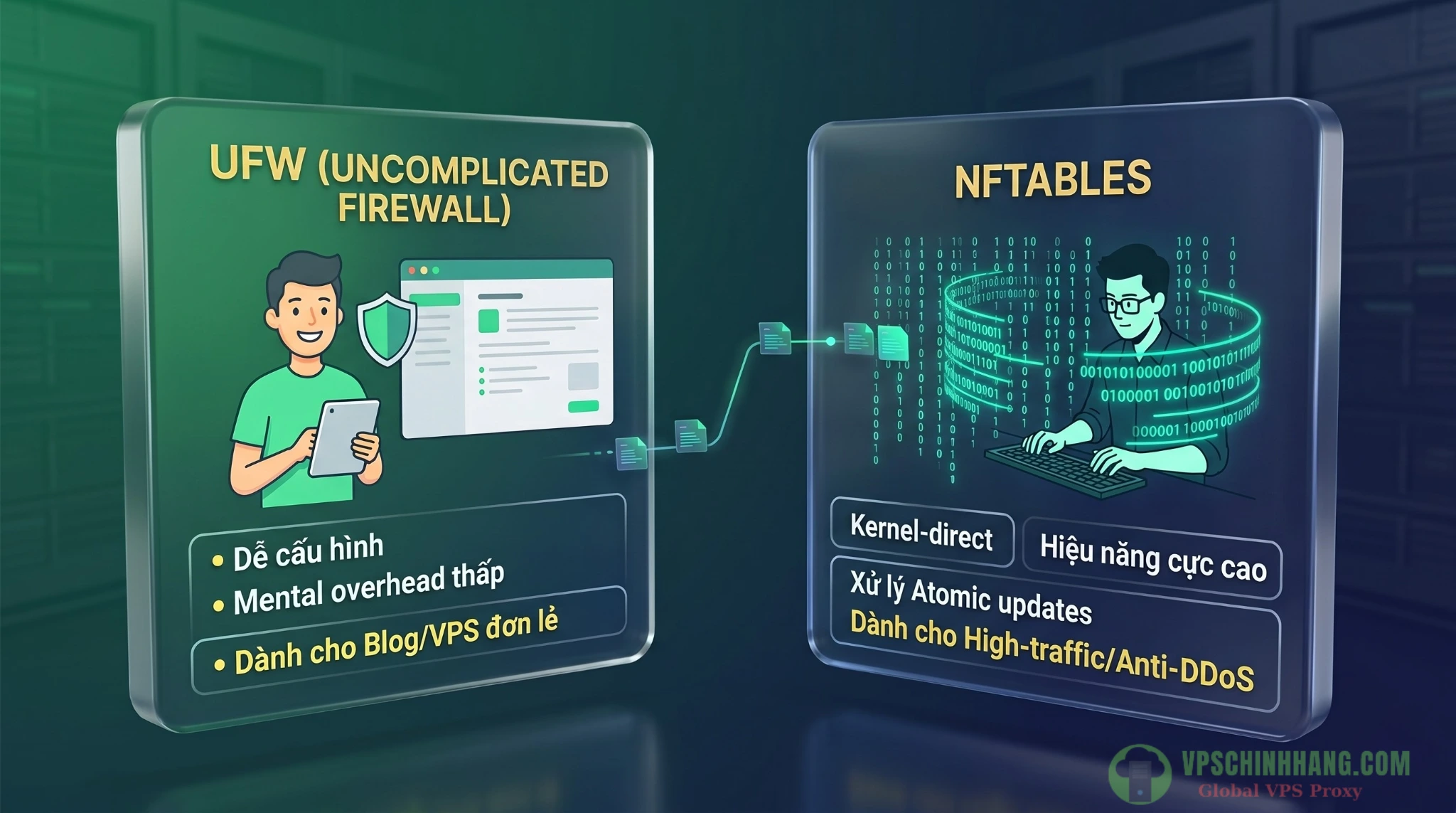 Bảng so sánh infographic về hiệu năng, độ phức tạp và use-case của UFW vs Nftables trên Linux