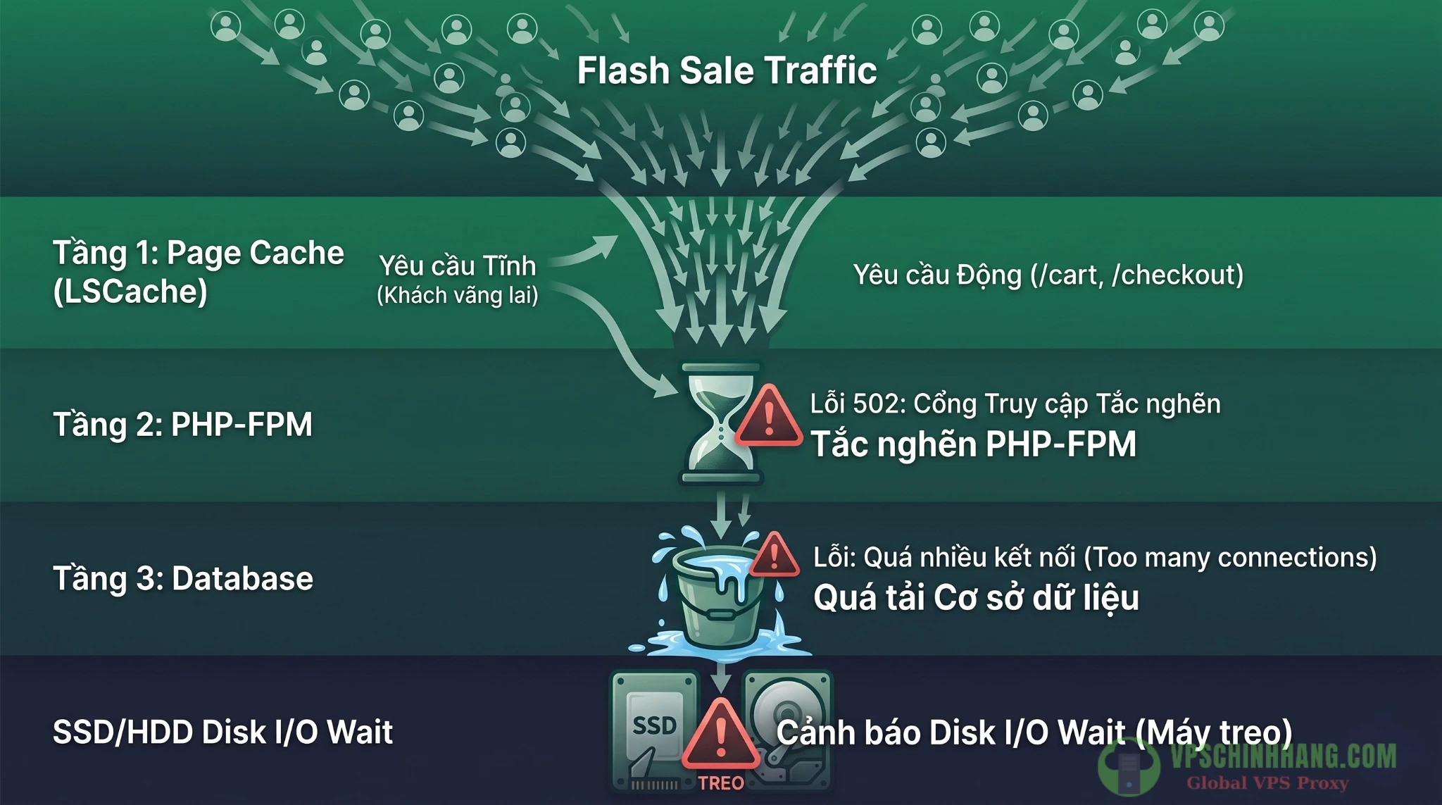 Sơ đồ các nút thắt cổ chai khiến VPS WordPress sụp đổ khi traffic tăng đột biến.