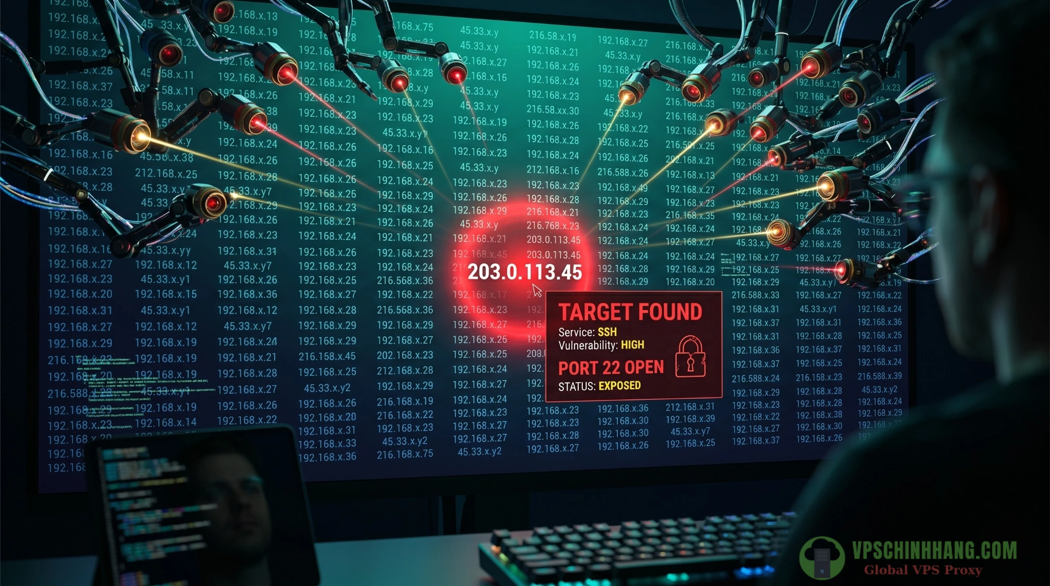 Hình ảnh minh họa hàng ngàn botnet tự động rà soát port 22 trên VPS Linux mới khởi tạo