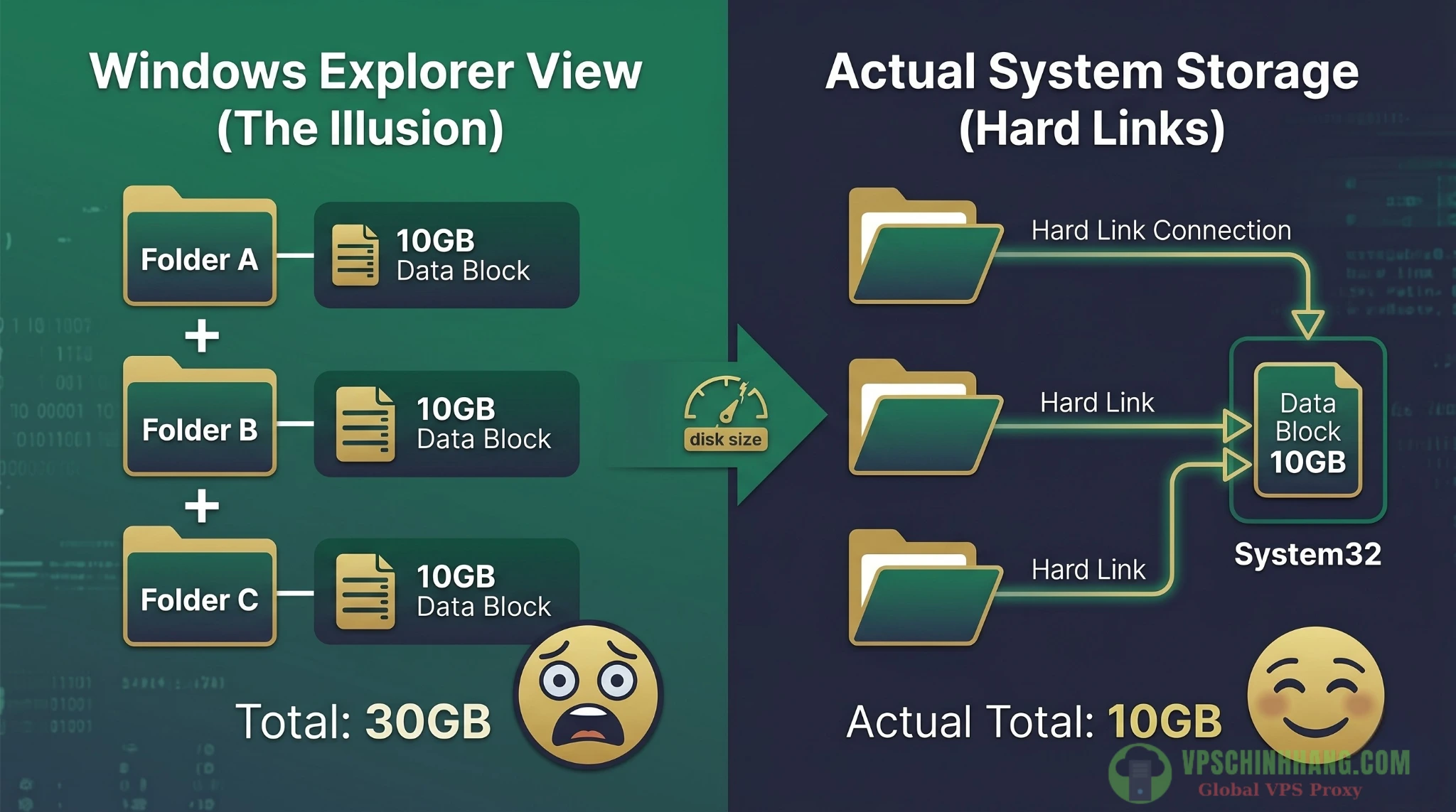 Sơ đồ giải thích cơ chế Hard Link khiến Windows Explorer hiển thị sai dung lượng thực tế của thư mục WinSxS.