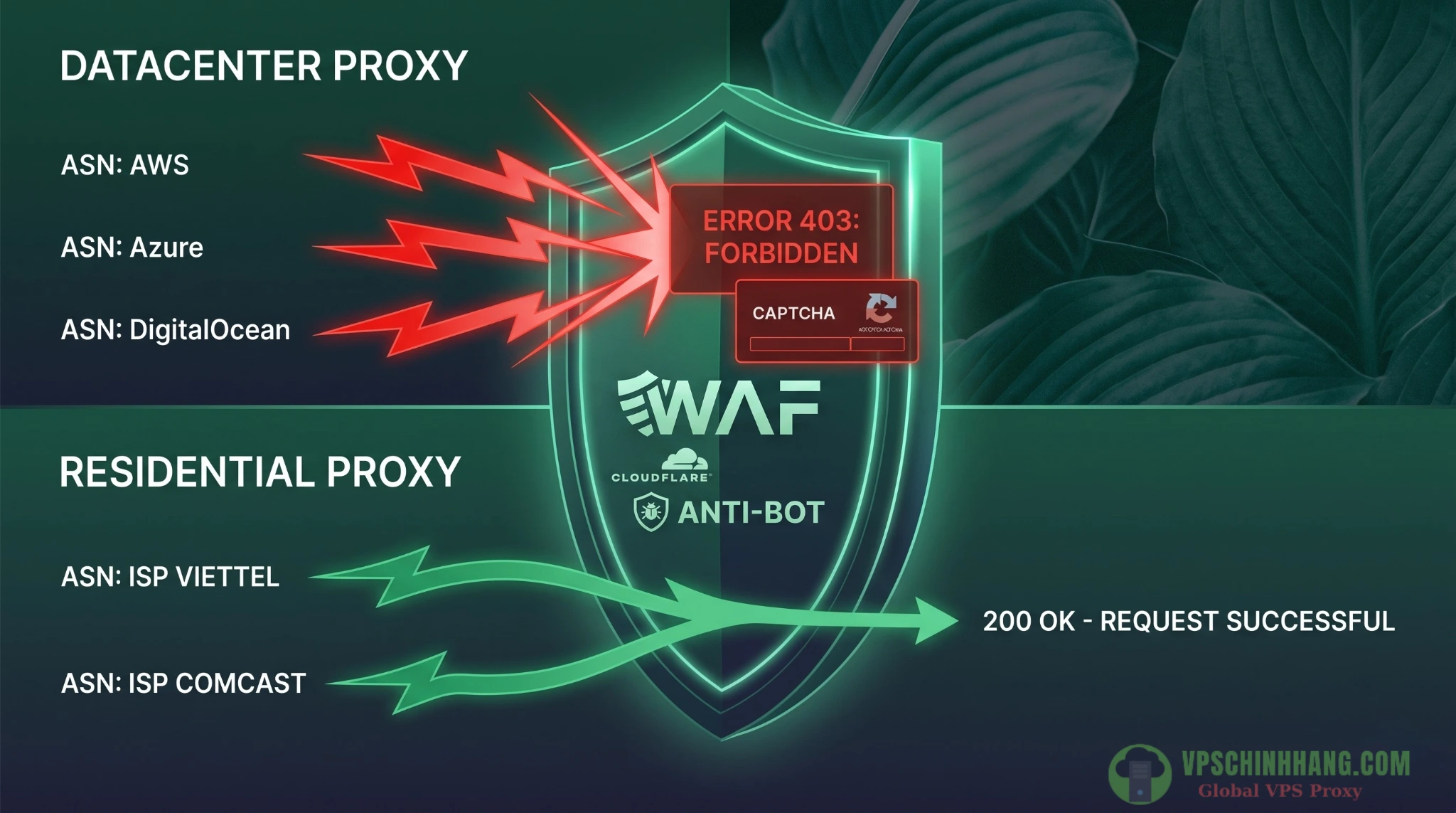 Cơ chế tường lửa Anti-bot nhận diện và chặn Datacenter Proxy qua dải IP ASN.