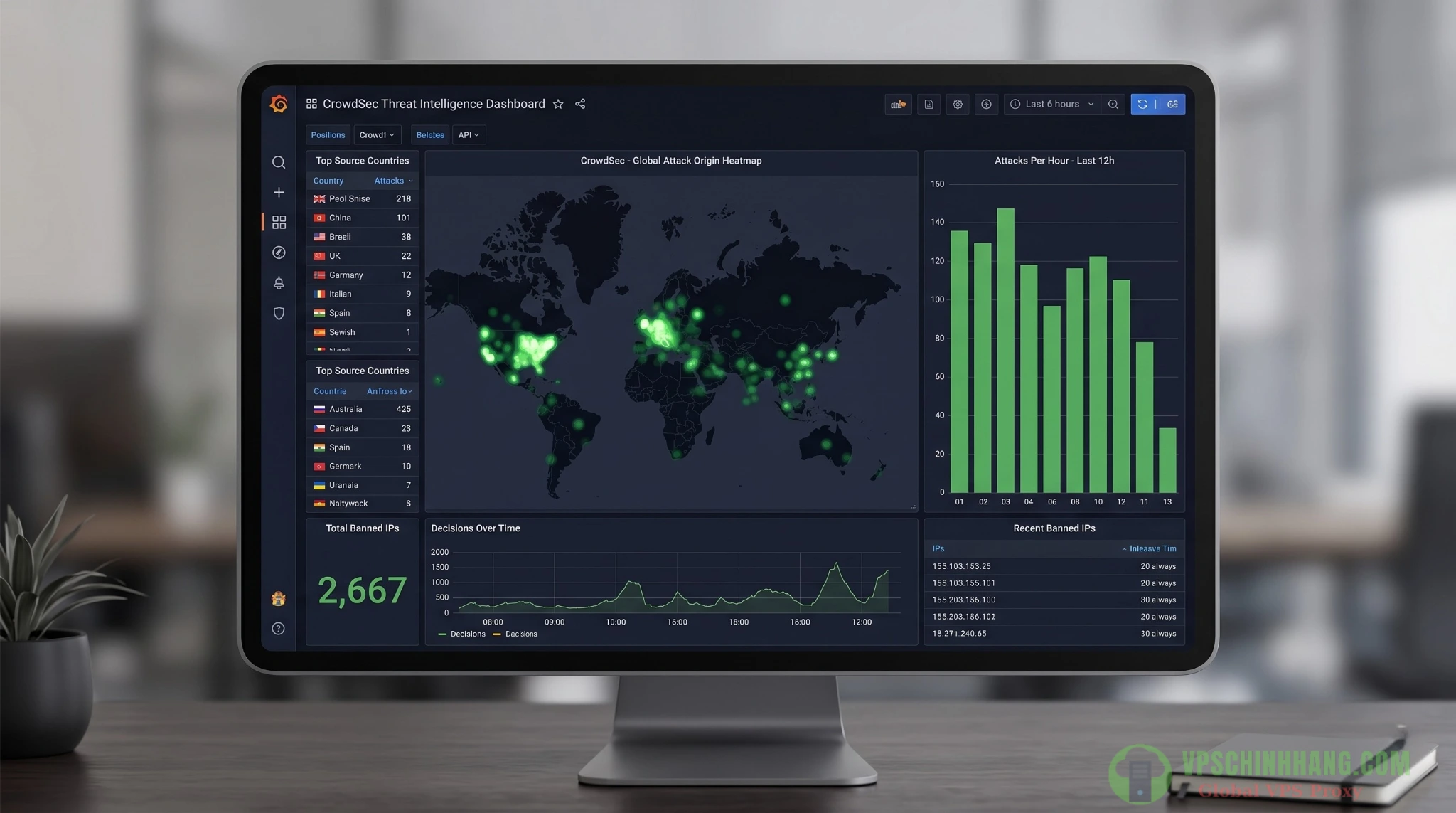 Dashboard Grafana giám sát hệ thống bảo mật CrowdSec qua Prometheus.