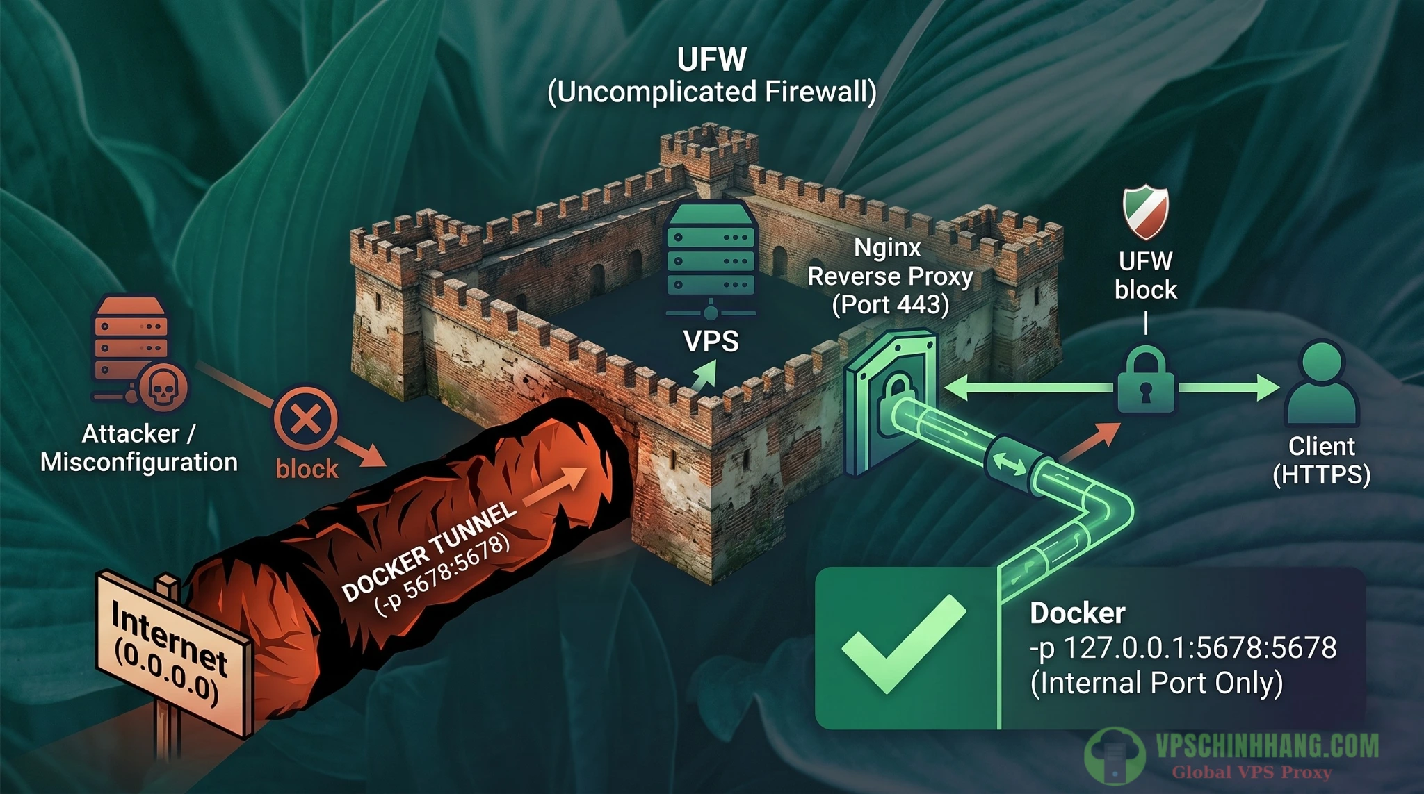 Cảnh báo lỗi cấu hình UFW Firewall và Docker khi cài đặt n8n trên VPS.