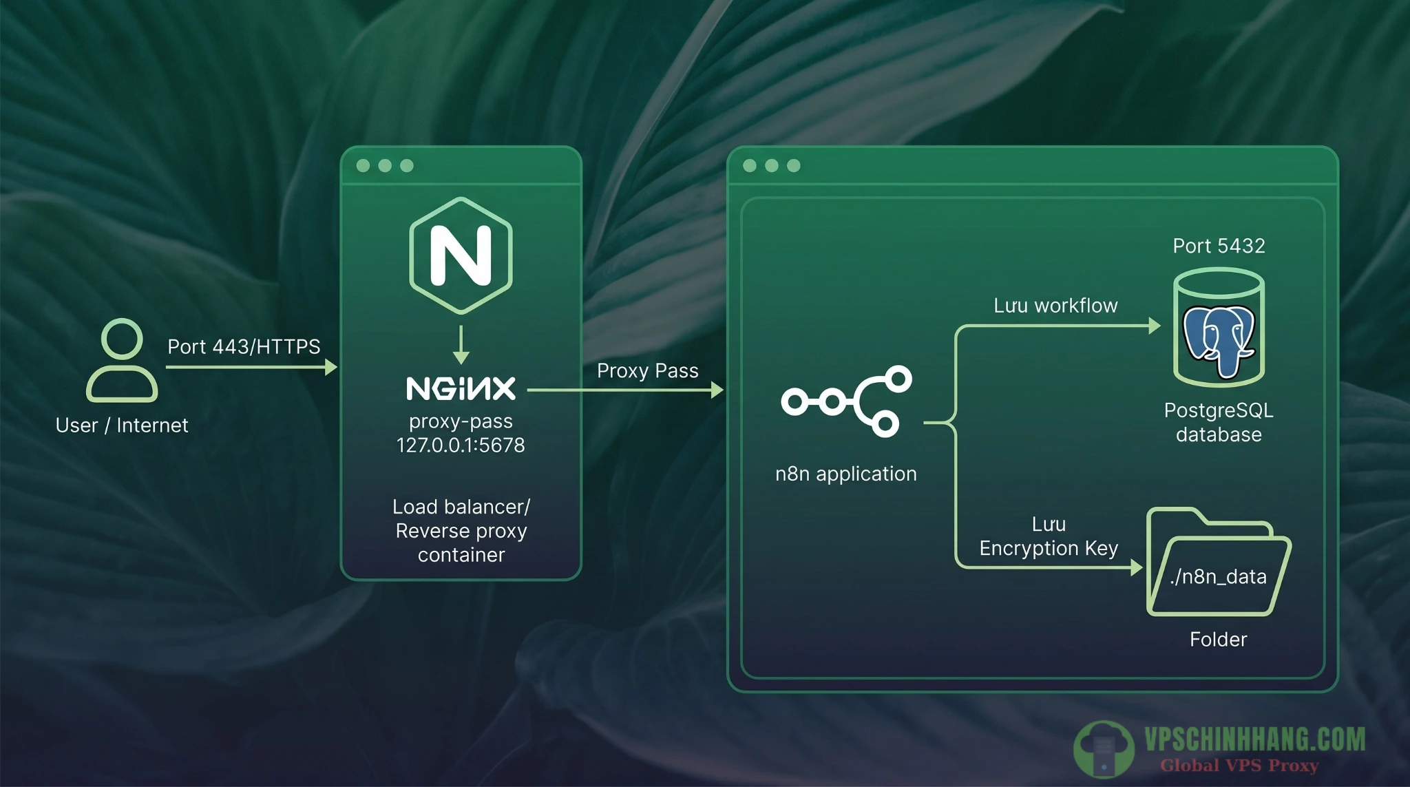 Kiến trúc cài đặt n8n trên VPS chuẩn production với Nginx và PostgreSQL.
