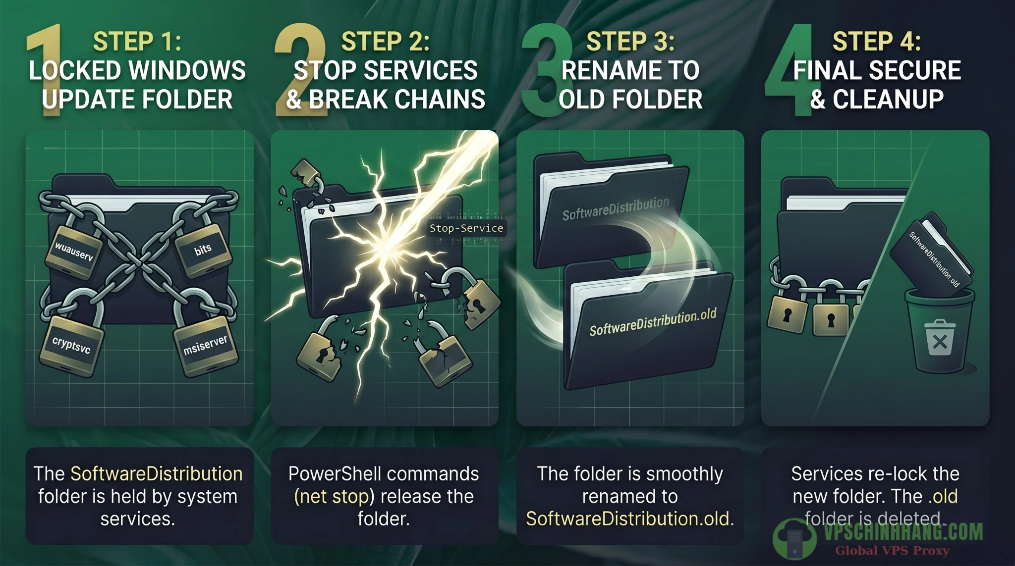 Sơ đồ 4 bước dùng PowerShell ngắt dịch vụ và đổi tên thư mục SoftwareDistribution để tránh lỗi lock file.