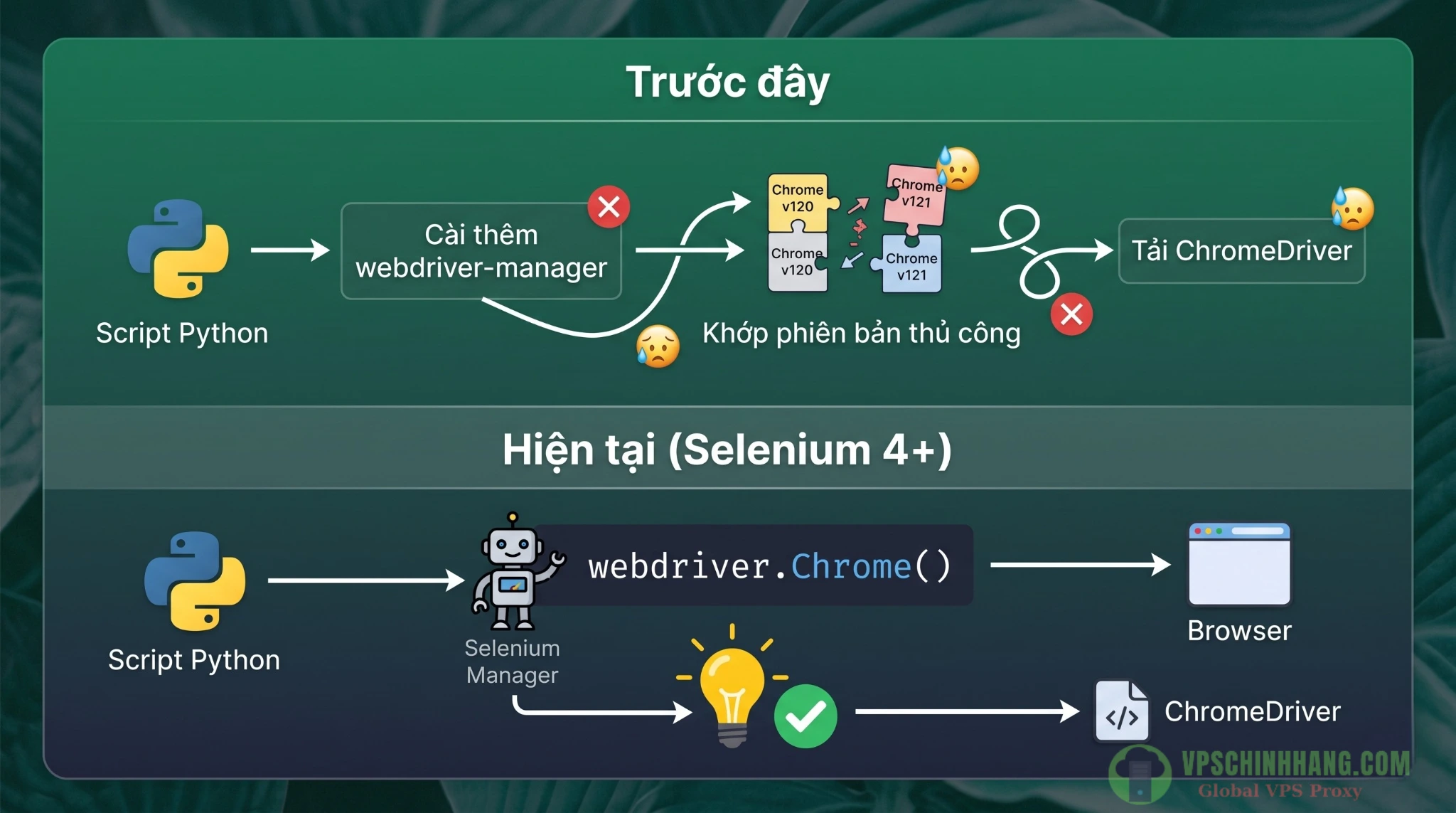 Cơ chế hoạt động của Selenium Manager tự động tải ChromeDriver tương ứng trên VPS Linux từ bản Selenium 4.6.