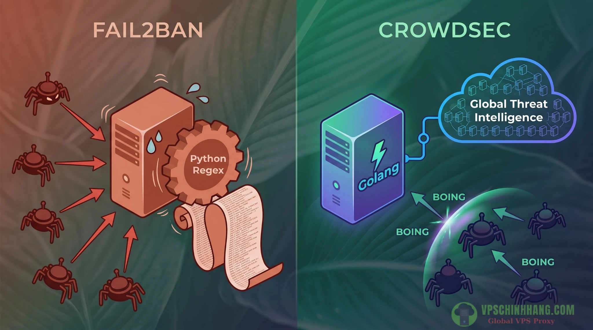So sánh cơ chế hoạt động và hiệu năng giữa Fail2Ban và CrowdSec trong việc bảo mật VPS.