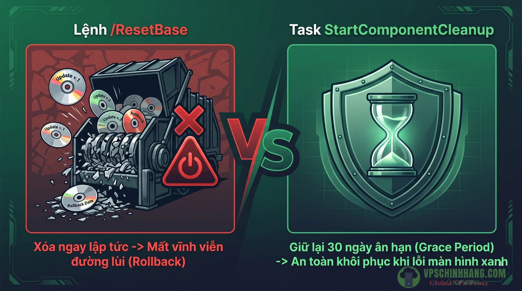 Infographic so sánh rủi ro của lệnh dọn dẹp DISM ResetBase và sự an toàn của tác vụ StartComponentCleanup.