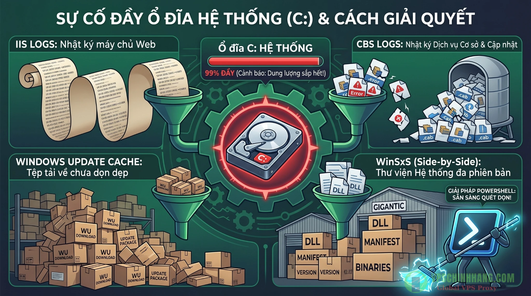 Infographic minh họa các nguyên nhân gây đầy ổ C trên Windows Server 2025 bao gồm IIS Log, Update Cache và WinSxS.